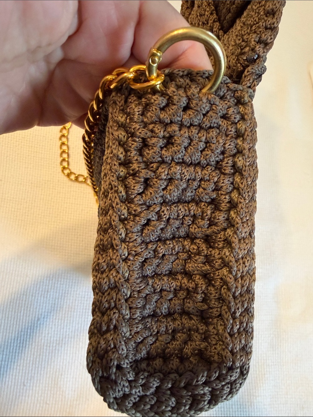Handmade Woven Crochet Crossbody Bag - Brown and Golden Chain - Picture 11 of 15